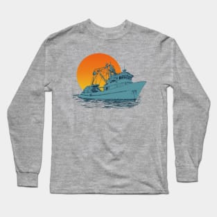 hand drawing fishing boat retro sunset Long Sleeve T-Shirt